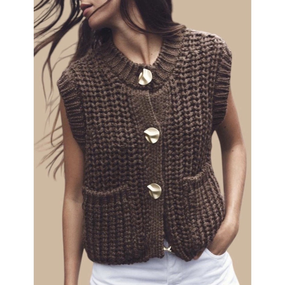 ZARA Brown Chunky Knit Sweater Vest Cardigan Gold Button Boho Coquette Rare Sz M